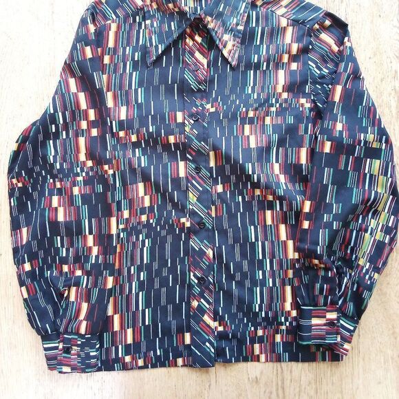 Vintage 70s Lady Arrow Bar Code Geometric Polyester Disco Shirt - Picture 3 of 6
